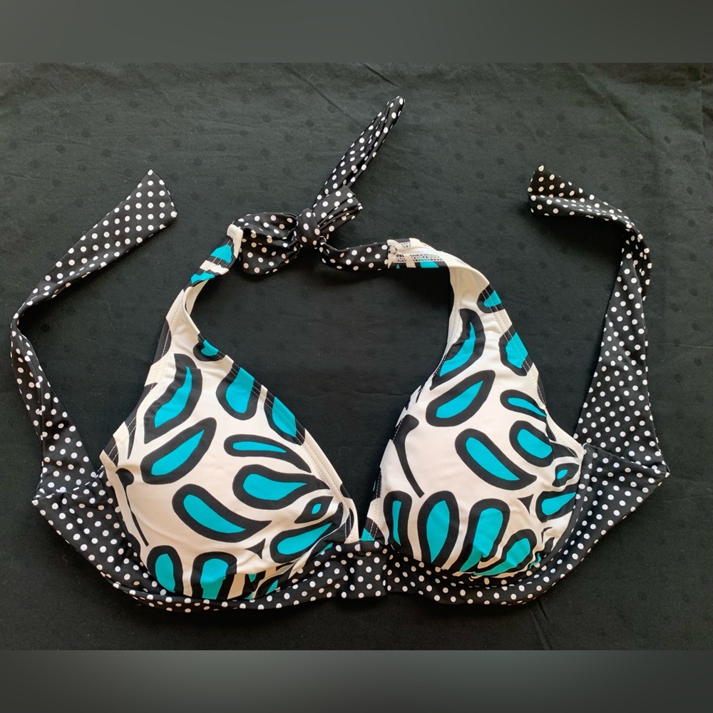 Tropical Honey black, white, and blue halter bikini top, 36D